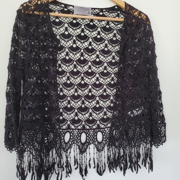 NWOT Sz XS Black Open Crochet Knit Open Style Cardigan Fringe 3/4 Sleeve BOHO - Picture 5 of 15
